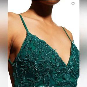 Faviana Hunter Green V-Neck Gown w/ Beaded Applique size 00